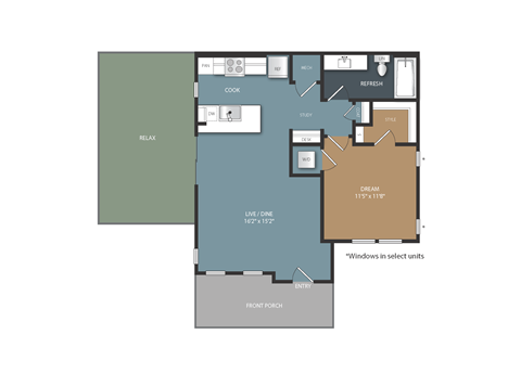 A floor plan of a house with a living room, kitchen, and bathrooms.